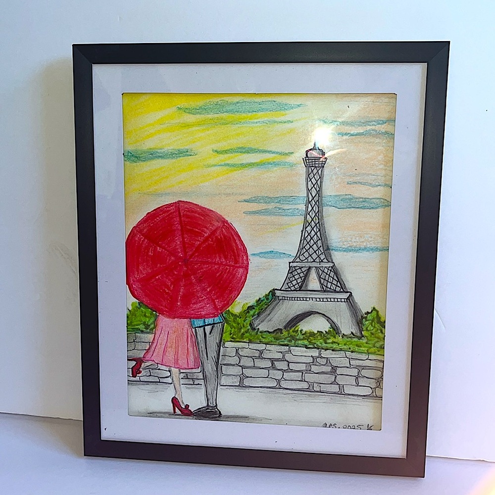 Eiffel Tower Stroll Framed Art with Red Umbrella hand drawn wall art framed art